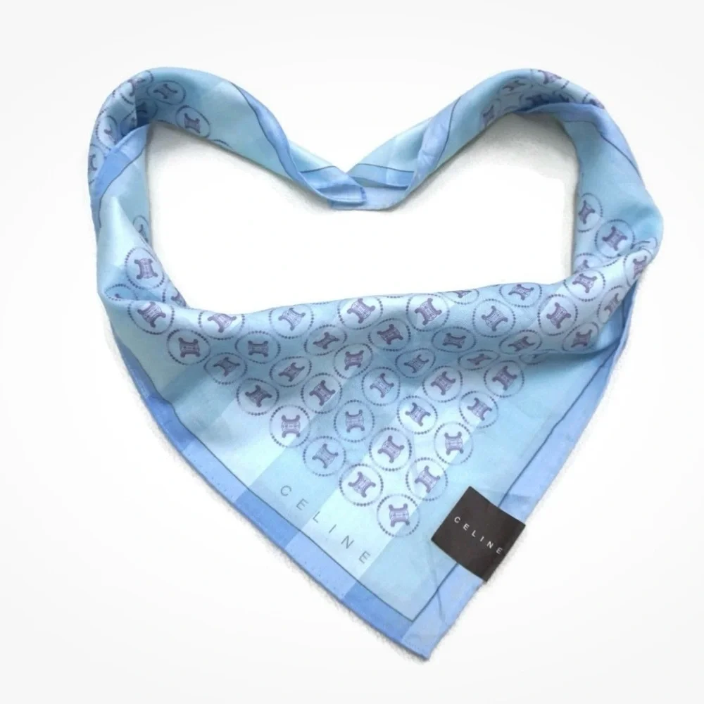 Celine Silk Scarf Cream Light Blue Logo Medallion